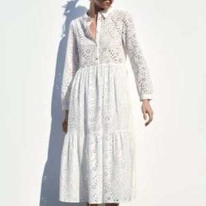 ZARA OPENWORK EMBROIDERED DRESS  WHITE small